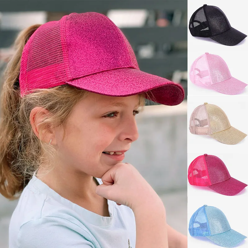 Gorra de béisbol con lentejuelas para niños y niñas, gorro de malla transpirable con protección solar, ajustable, informal, para viajes