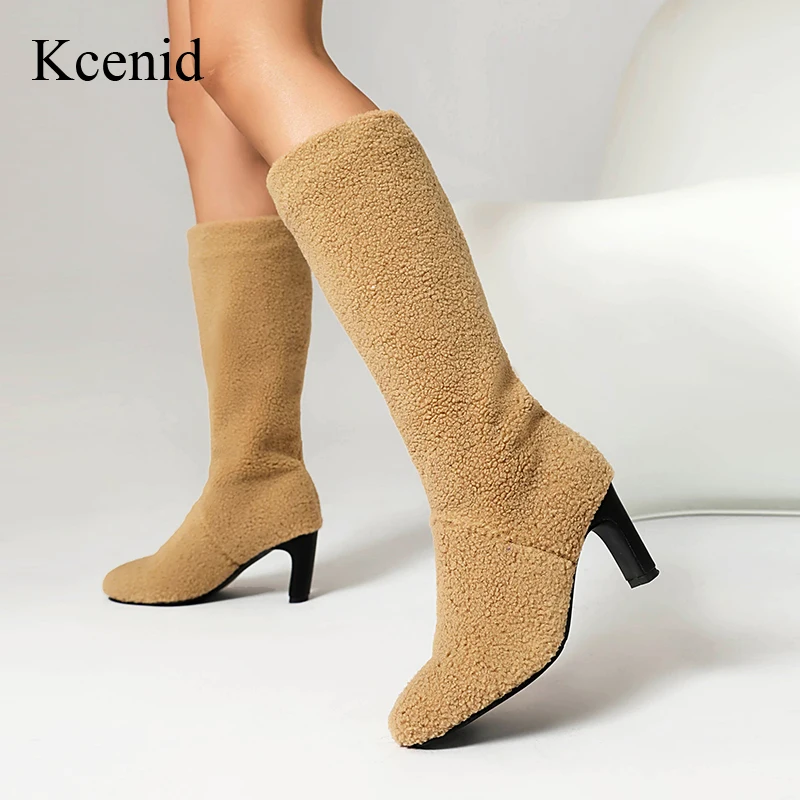 

Kcenid Warm Plush Pleated Boots For Women Winter New Round Head High Heels Fur Knee High Boots Female Long Shoes Plush Size35-44