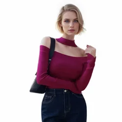 Women Thin Knit Sweater Sexy Long Sleeve Cold Shoulder Halter Ribbed Pullover Knitwear Crop Blouse One Size