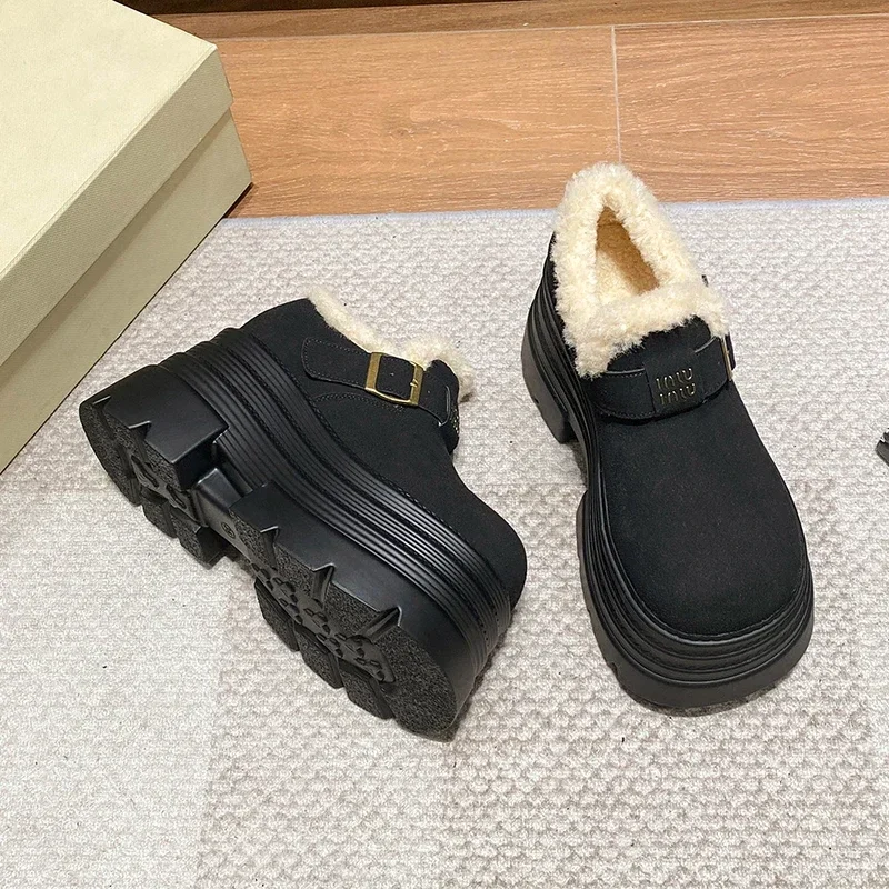 New Winter Chunky Casual Snow Shoes Woman 10CM High Platform Wedge Heels Warm Fur Sneakers Fashion Women Buckle Leather Shoes