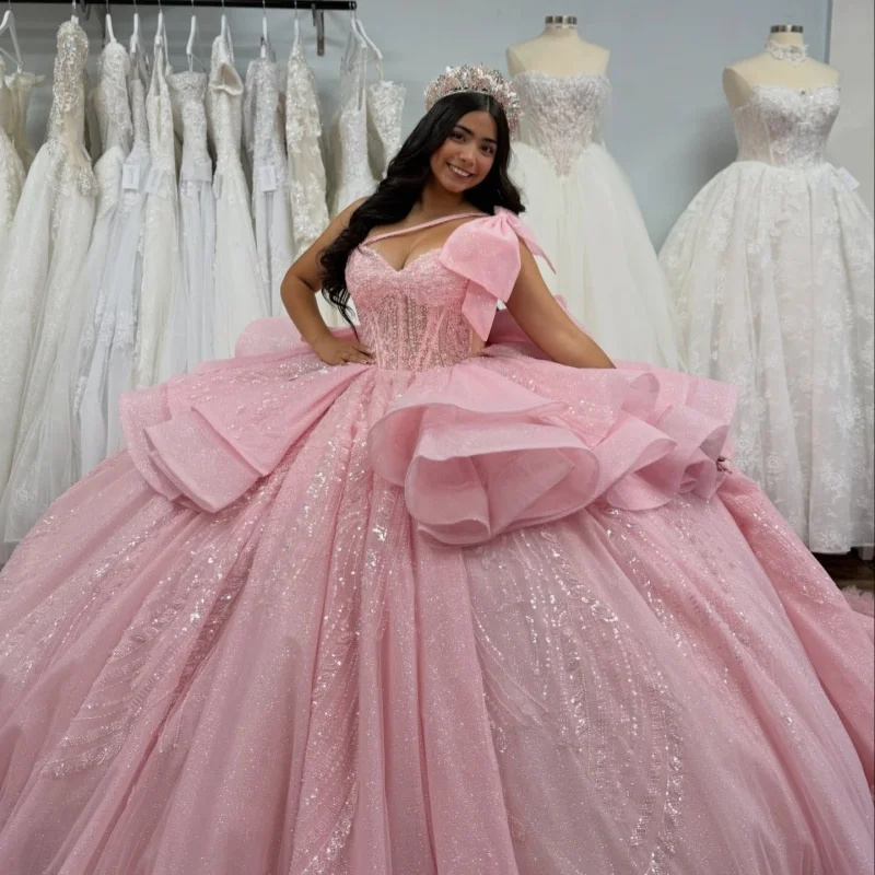 

Shiny Pink Quinceanera Dress off-shoulder Glitter Decal Lace Layering Long tail Bow vestidos de 15 Quinceanera ﻿Customize