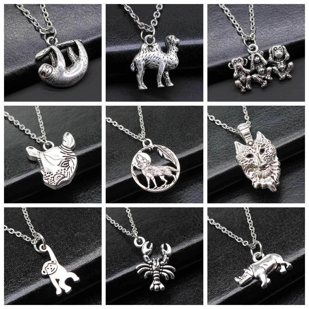 30 Styles Animal Pendant Necklace Antique Silver Color Plated Sloth Monkey Leopard Squirrel Rooster Frog Wolf Rhino Necklace - view 6