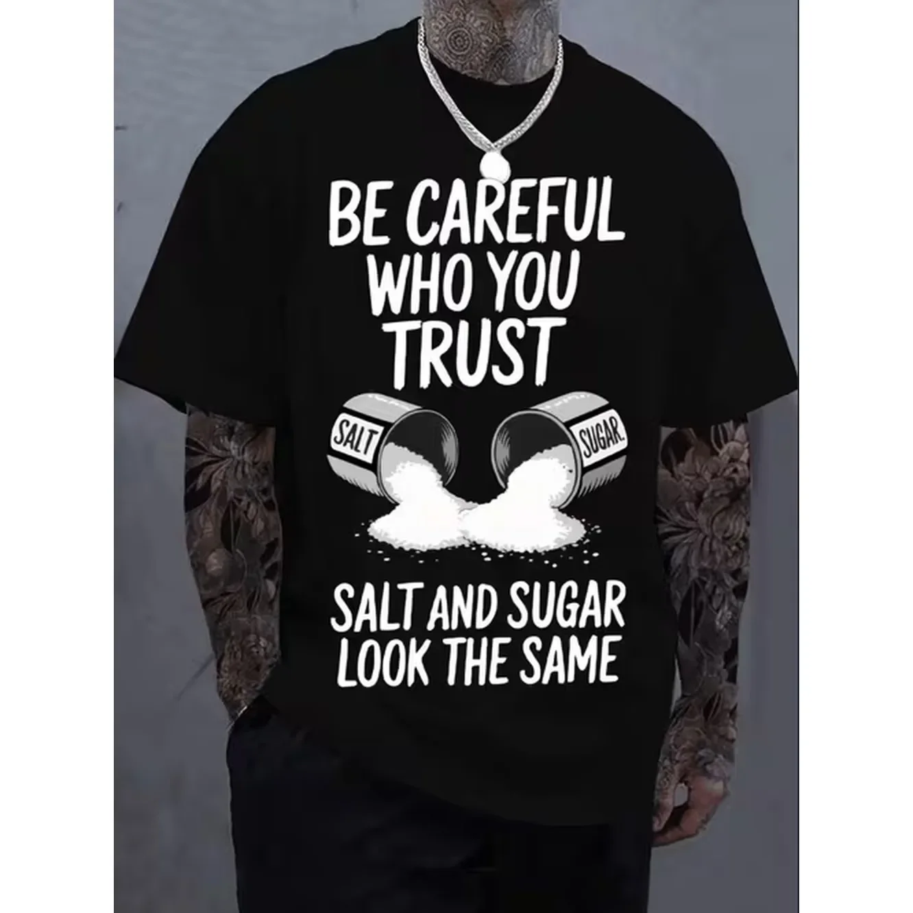 Mens Fun Pattern T Shirt Beware Of You Salt Design 200G Heavy Crew Neck T Shirt Suitable For Fitness Hiking And Outdoor Sports Breathable Stretch Fabric Machine Washable