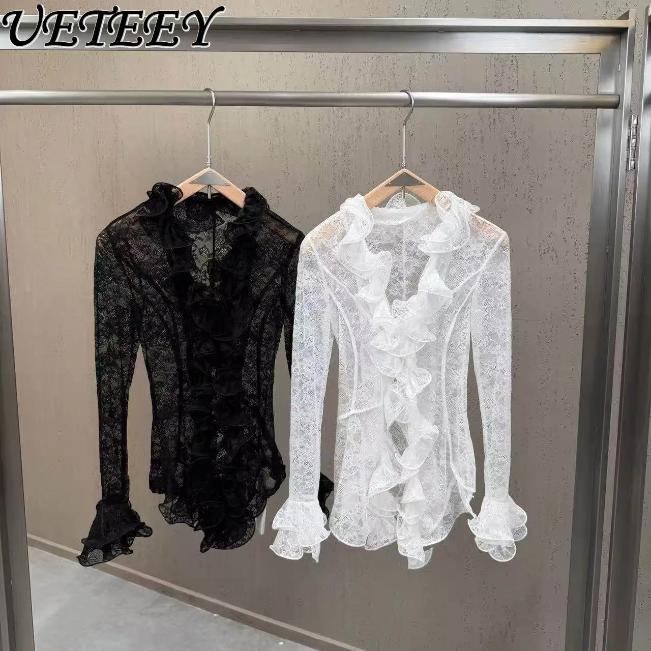 

2026 Spring Summer New French Retro Ruffle Trim Long Sleeve Fitted Sexy Lace Blouse Women Unique Design White Lace Shirt Top