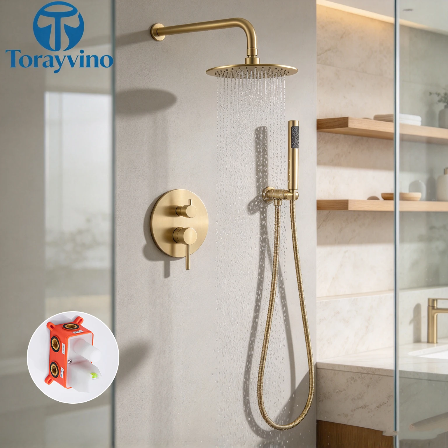 Torayvino Brushed Gold Bathroom Shower Faucet Set With Rain Shower Head Outdoor Shower System Set Complete Bathtub Kit Mixer Tap