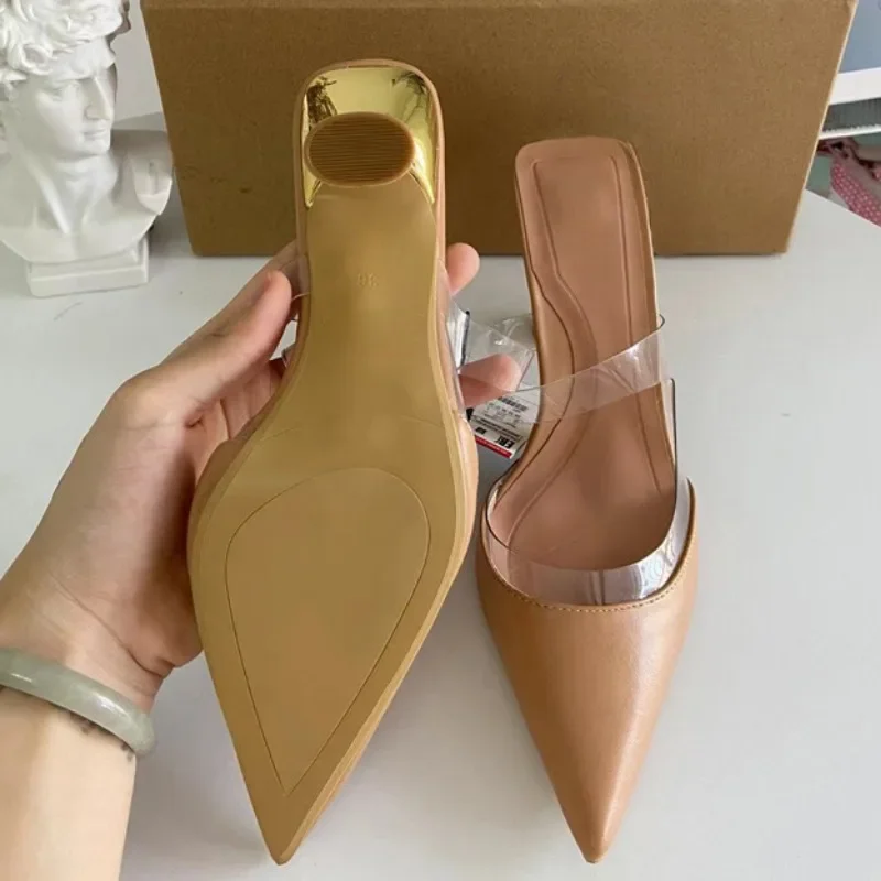 Summer Gold High Heels Sandals Woman 2024 Trendy Brand Designer Shallow PVC Elegant Slingbacks Big Size Party Lady Mules Shoes