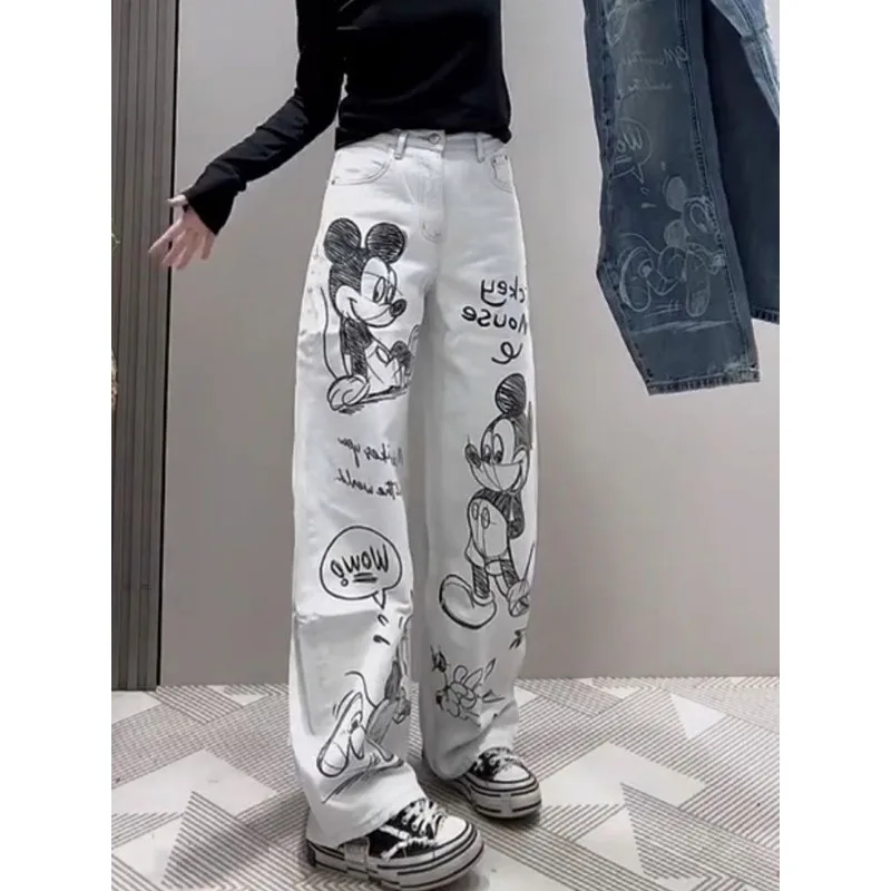 

Y2k jeans Women's Disney Cartoon Mickey Graffiti Jeans Vintage Gray White Straight Leg Curved Wide Leg Denim Pants Slim Casual