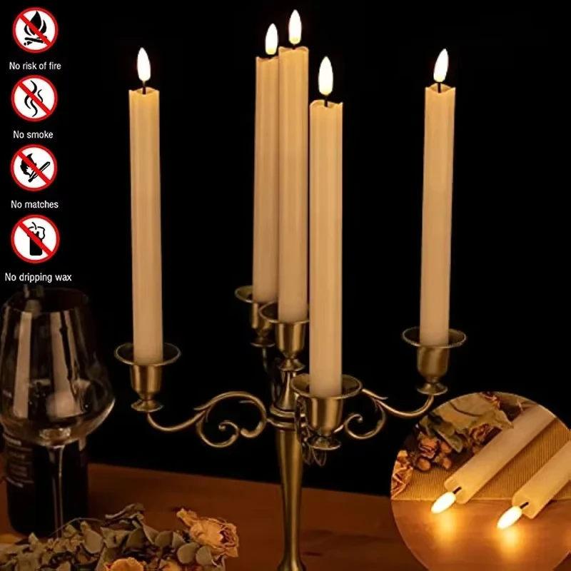 6Pcs/Set Long Candles LED Flickering Taper Candles Battery Powered Flameless Candles Timer Candle with 10-Key Remote for Wedding