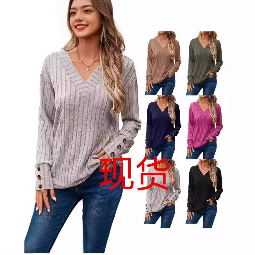 clothing  new product casual and comfortable autumn and winter pit strip polished V-neck button long-sleeved solid color