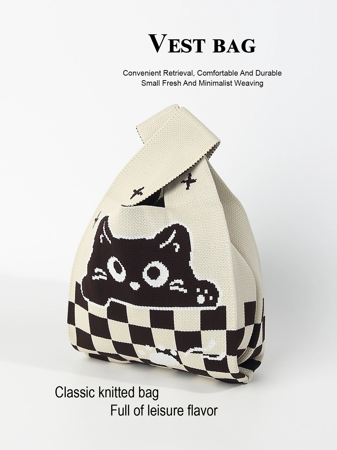 

1 piece of cartoon knitted hollow breathable hook woven lightweight and foldable carry on bag, open and cute ladies' handbag, gi