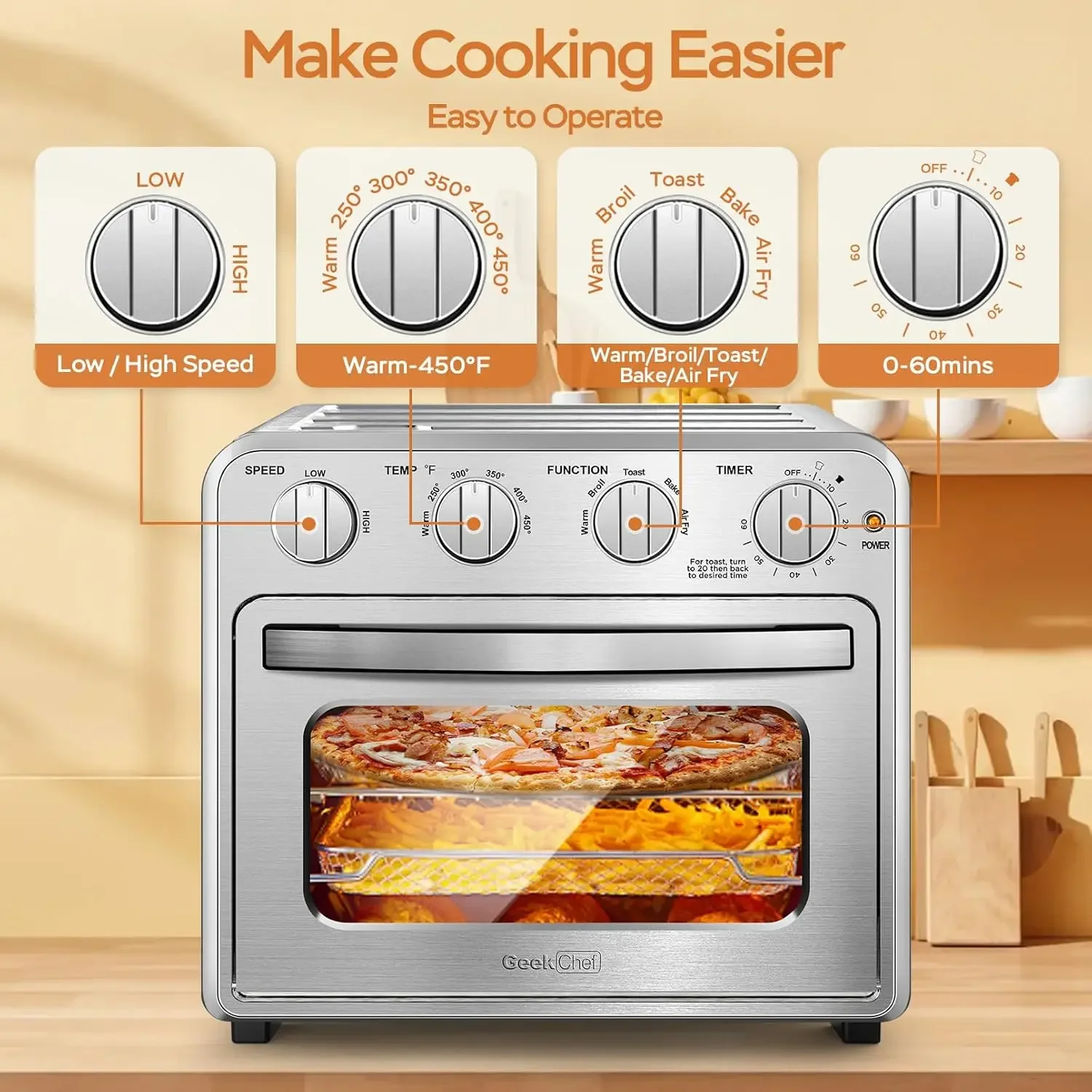 Geek Chef Convection Air Fryer เตาอบเครื่องปิ้งขนมปัง, เครื่องปิ้งขนมปัง 4 ชิ้น Airfryer เตาอบเคาน์เตอร์, เตาอบร้อนไฟฟ้า Oilless หม้อหุงข้าว, Accesso