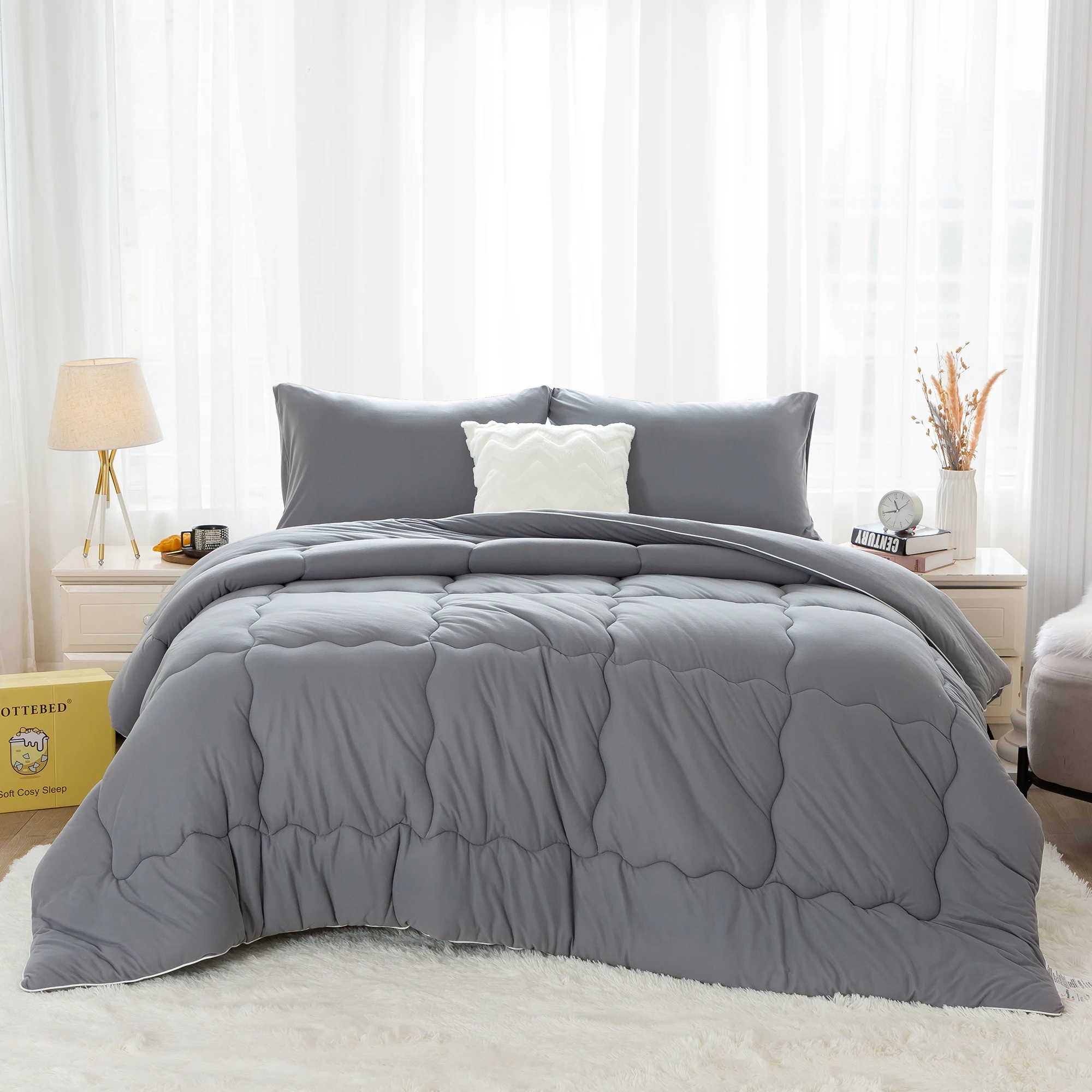 

Softness Bedding Comforter Sets Lightweight Cozy Comfy Quilt Bed Blanket Comforter & Pillowsham Twin Size Dark Gray