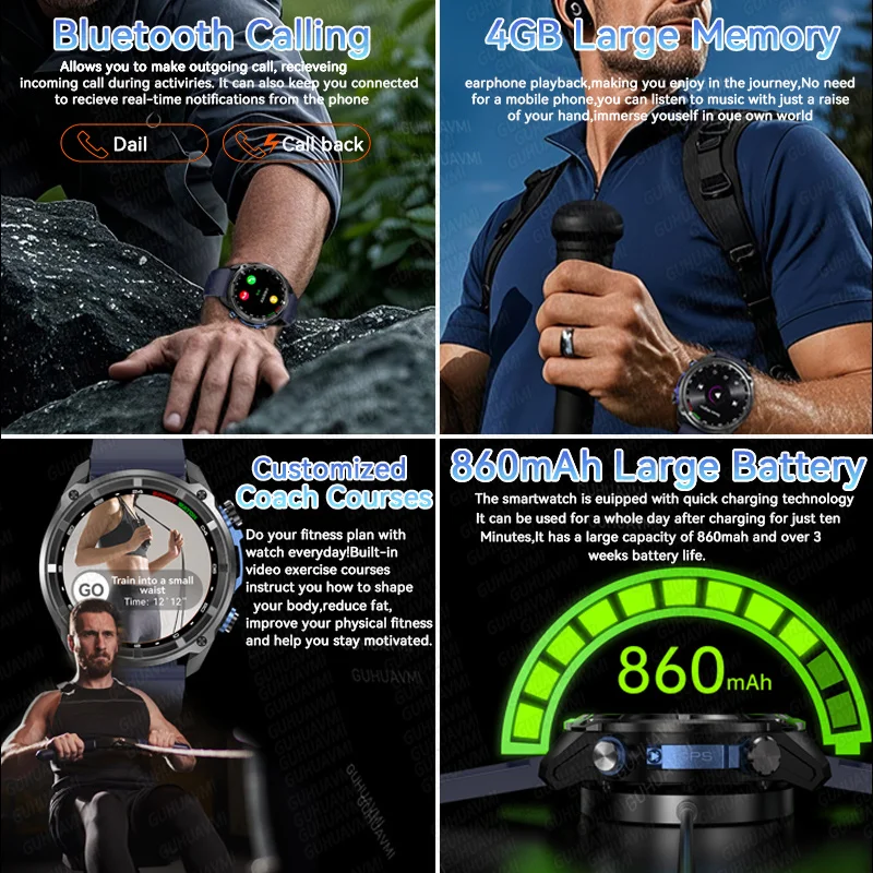 สมาร์ทวอทช์ GPS รุ่นใหม่ ปี 2025 สำหรับทหาร แสดงตำแหน่งบนแผนที่ หน่วยความจำ 4GB เข็มทิศ กันน้ำ 5ATM โทรออกด้วยบลูทูธ วัดอัตราการเต้นของหัวใจ สมาร์ทวอทช์สำหรับผู้ชายและผู้หญิง