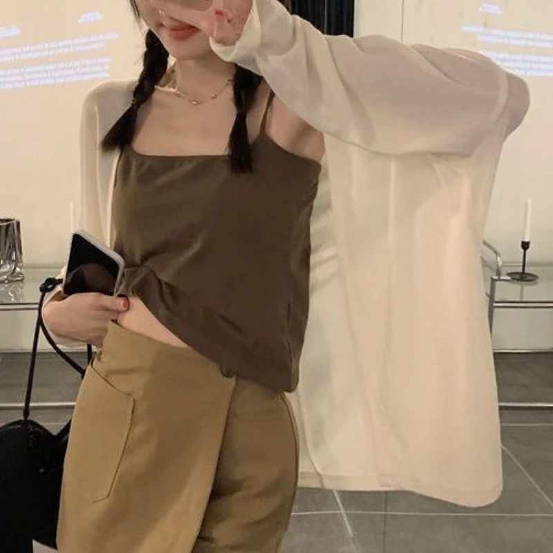 

Blouses Women Summer Thin Sun-proof Breathable Vintage Casual Chic Korean Style Loose Lazy Solid All-match Open Stitch Fashion