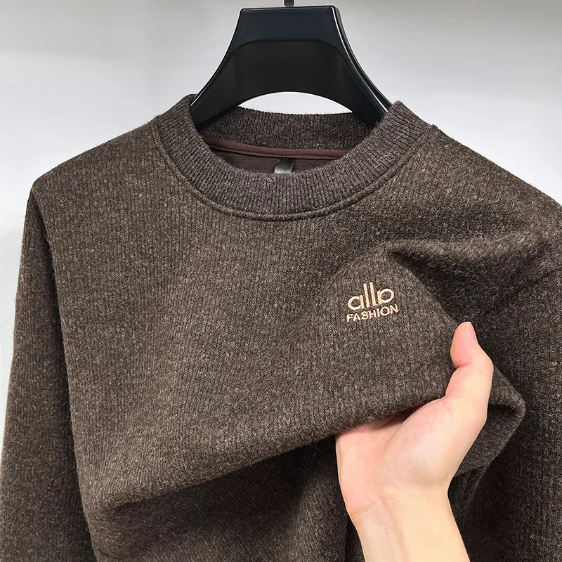 Designer Original Men's Fleece-Lined Thickened Ribbed Crew Neck Sweatshirt Warm Anti Pilling Long Sleeve Casual Autumn Winter