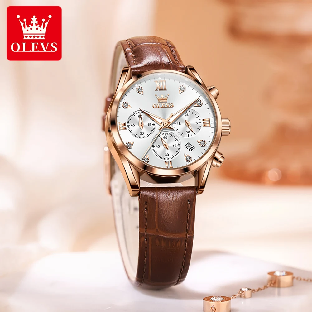 OLEVS 5523 Top New Brand Clock Luxury Quartz Watches For Women Chronograph Waterproof Luminous Leather Strap Ladies Wristwatches