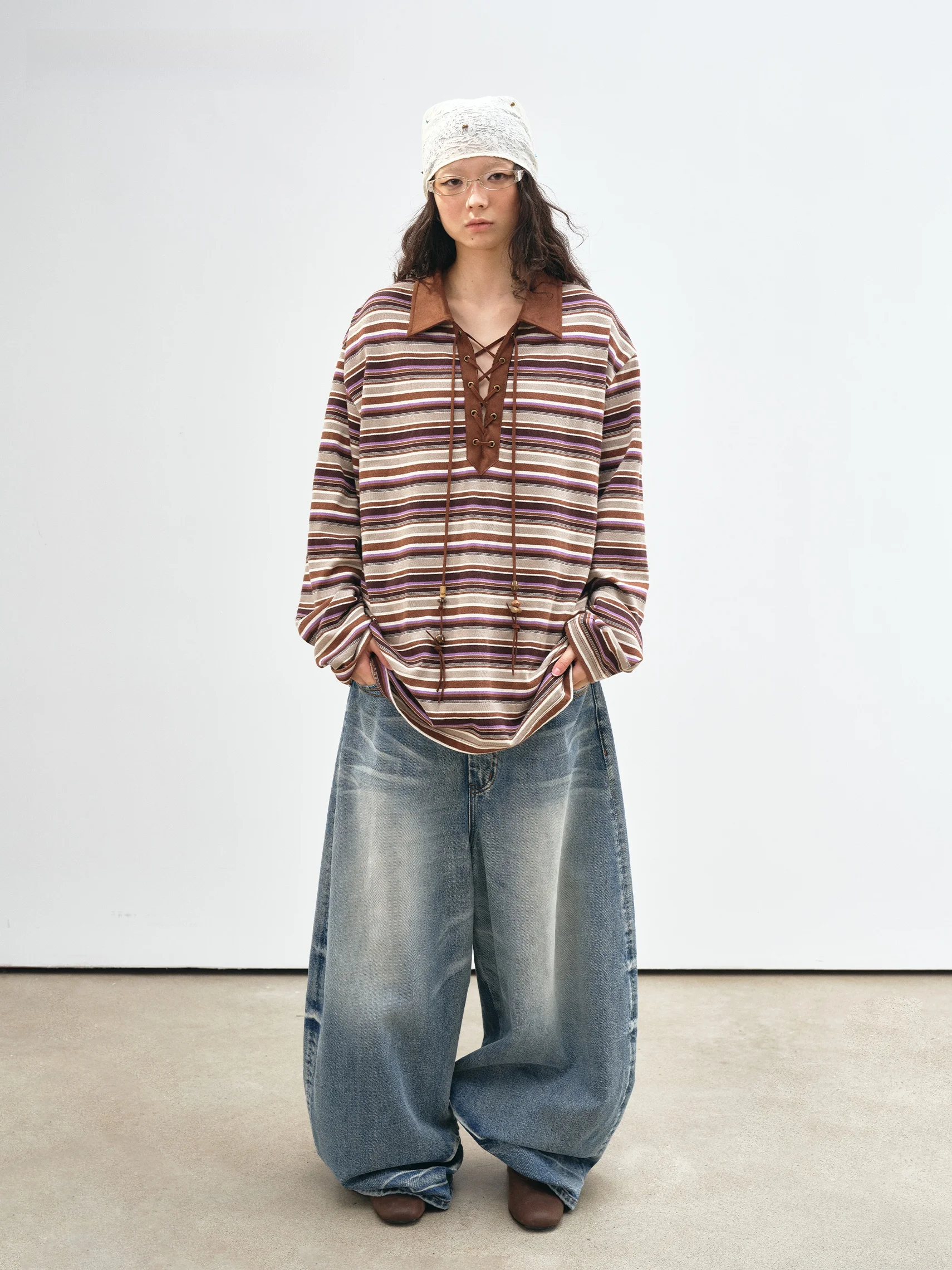VERMO Beautiful Color Retro Polka Dot Drawstring Suede Velvet Patchwork Loose Long Sleeve  Shirt Cotton Polyester Spandex