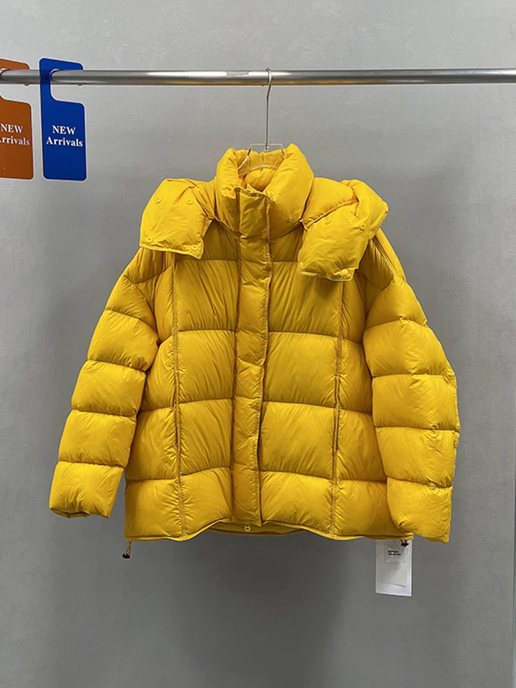 

Winter Chic Hooded Fluffy Down Jacket Women White Duck Down Drawstring Down Jackets Female Thicken Warm Zipper Parker Outwears