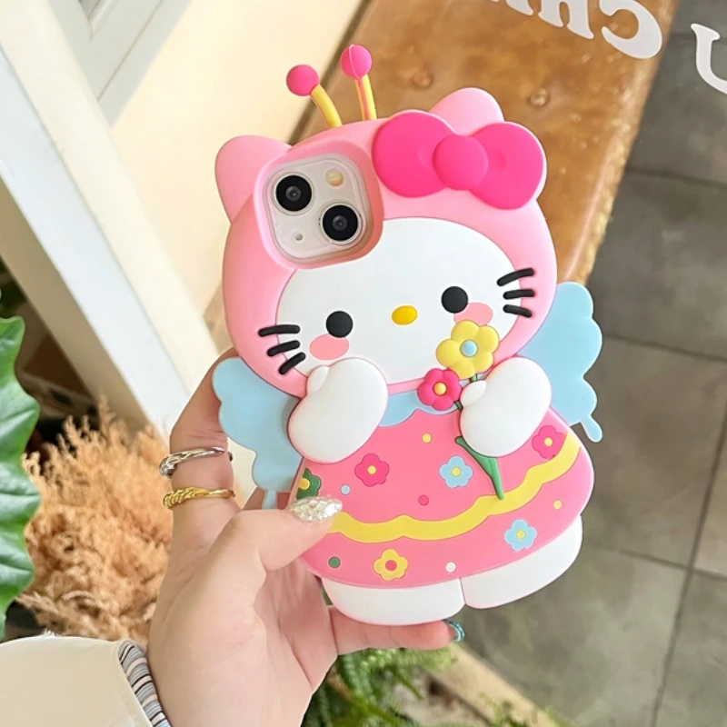 For iPhone 15 14 promax 13 12 Pro Max 11 Phone Case 3D Hello Kitty Flower Cases Anti Fall Soft Silicone Case Cover Fundas