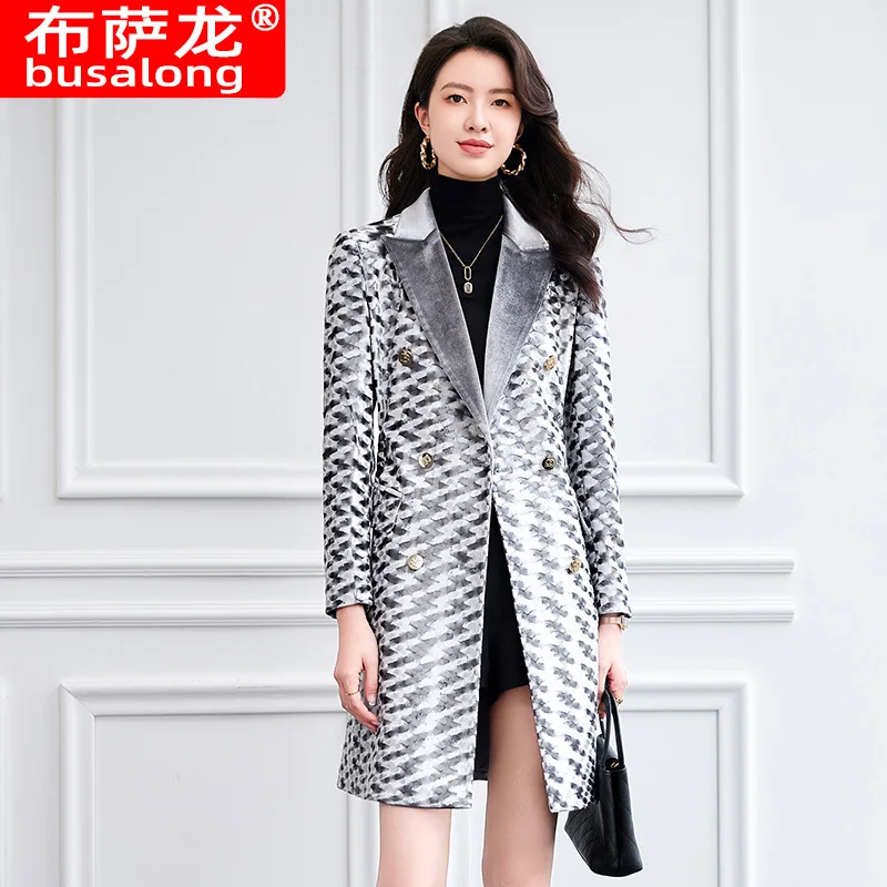 Women's Suit Jacket2024New Gray Elegant Socialite High Sense Long Suit Popular Leisure Trench Coat This Year