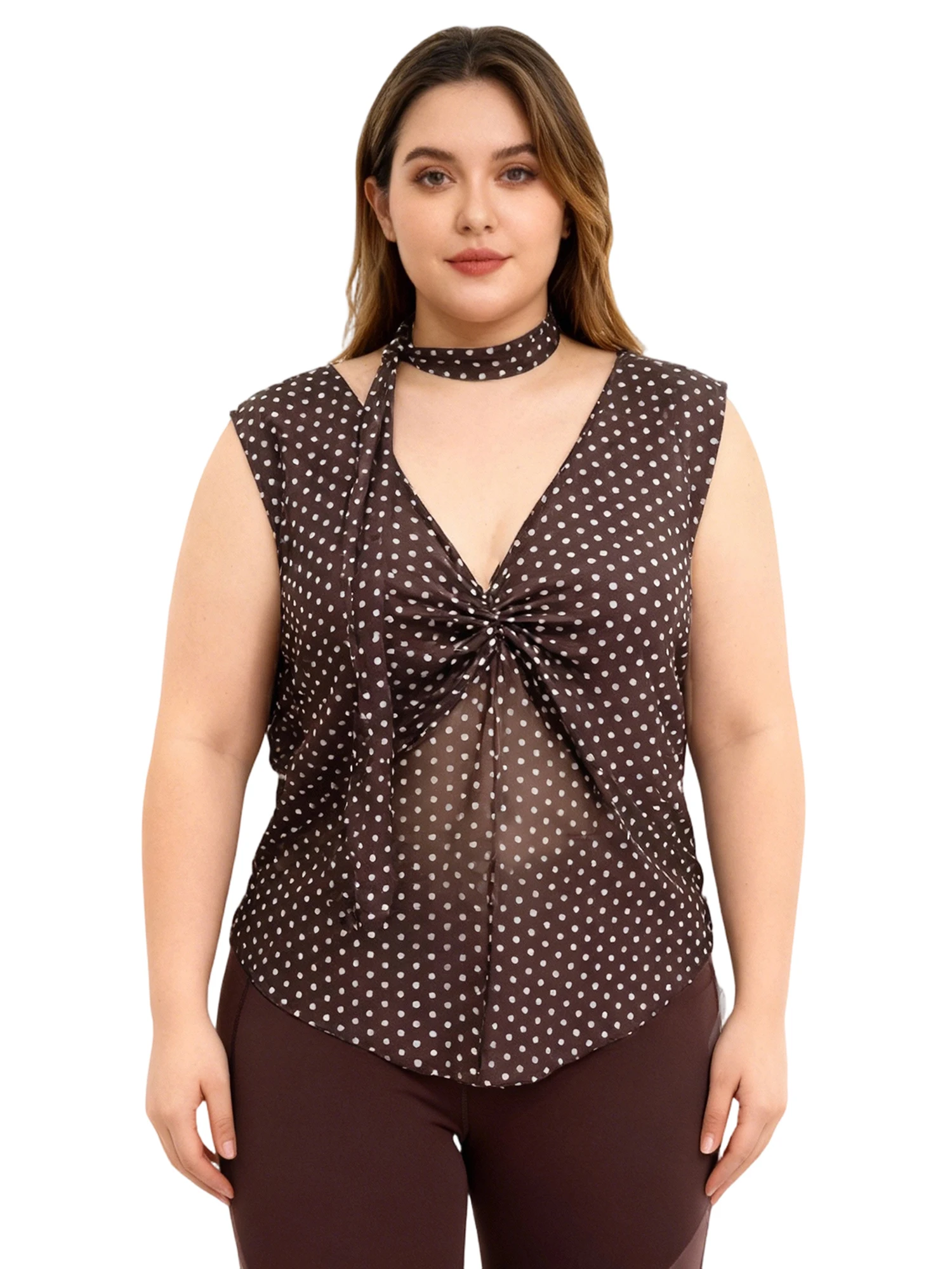 

Женские майки больших размеров без рукавов с V-образным вырезом, рюшами и принтом в горошек, уличная одежда с шарфом