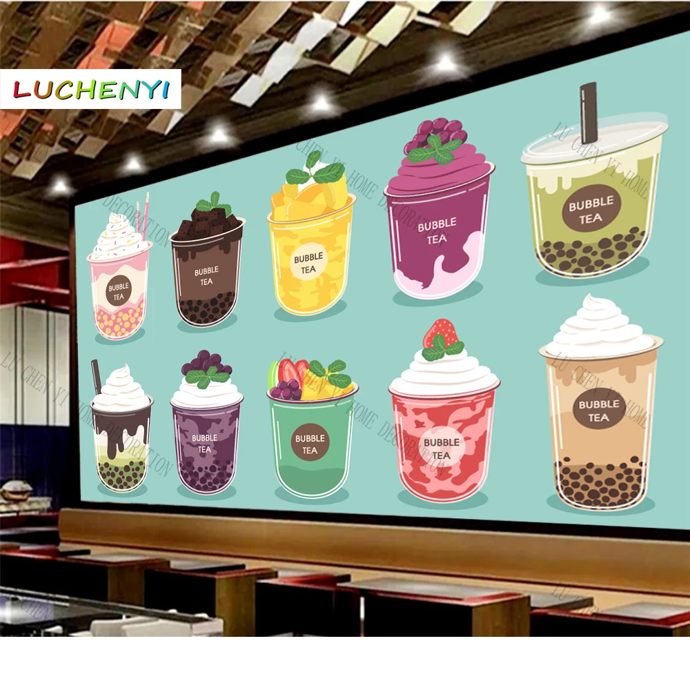 Custom cartoon bubble milk tea 3d wallpaper mural restaurant juice shop kitchen dining room wall papers home decor sticker