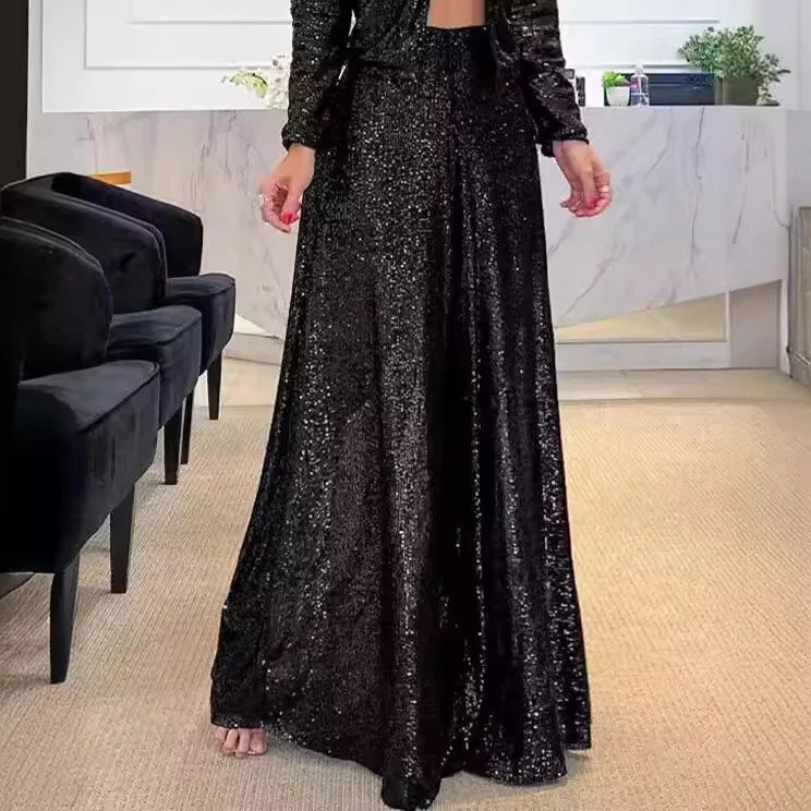 2026 New Fashion High Waist Sequined Flare Pants Women Spring Casual Loose Solid Color Home Long Wide Leg Pants Women