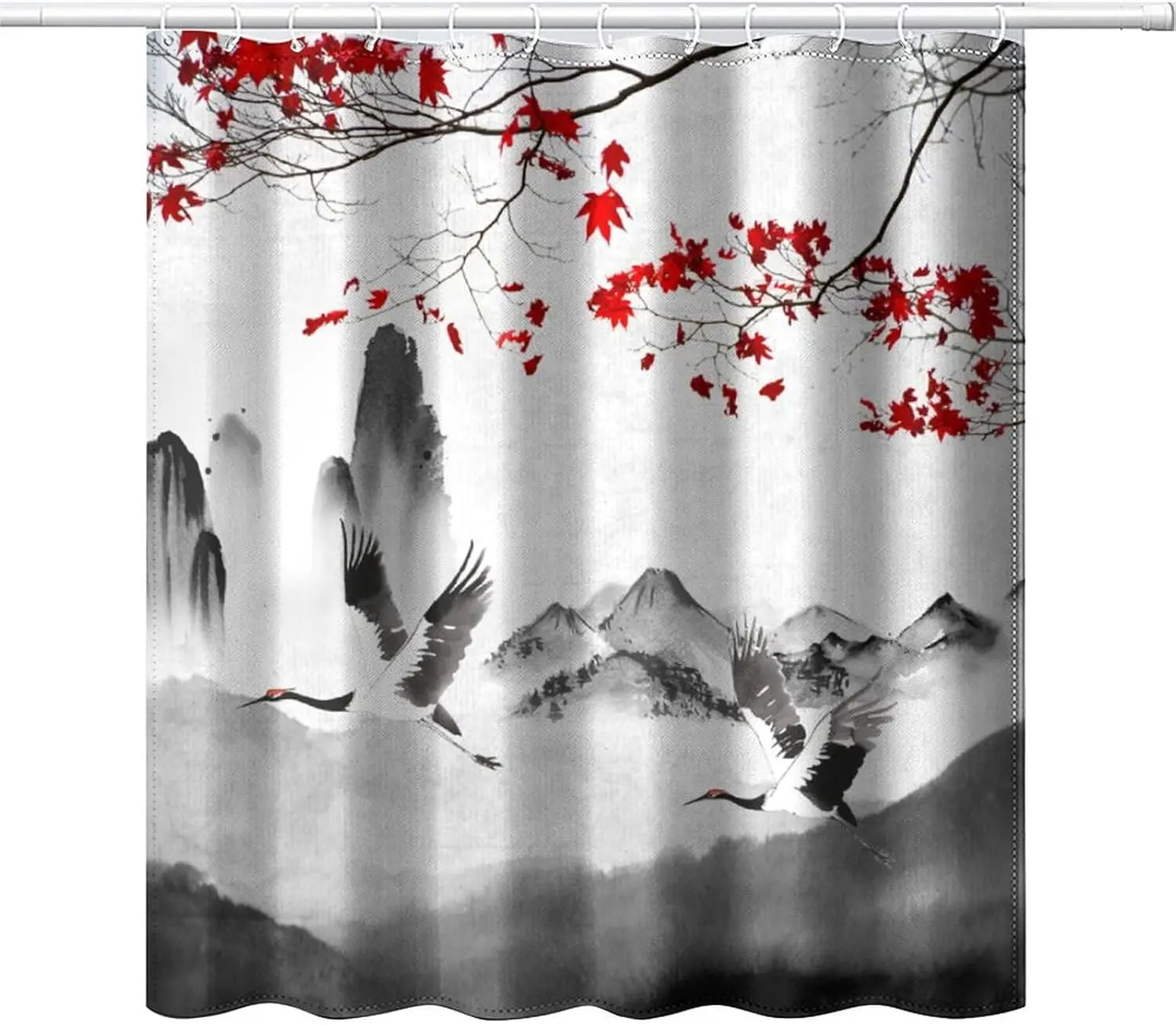

Asian Style Shower Curtain Misty Mountain Forest Birds Black White Nature Scene Shower Curtain Zen Style Bathroom Wall Art Decor
