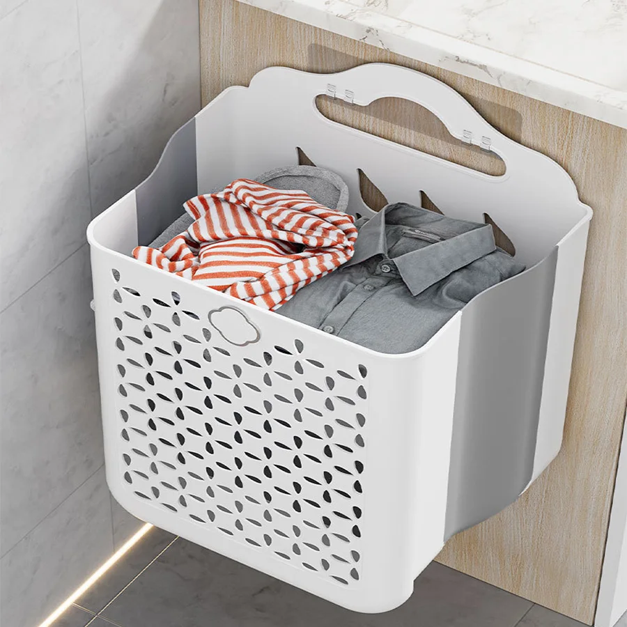 Household dirty clothes storage basket Wall hanging foldable household bathroom laundry basket storage blue