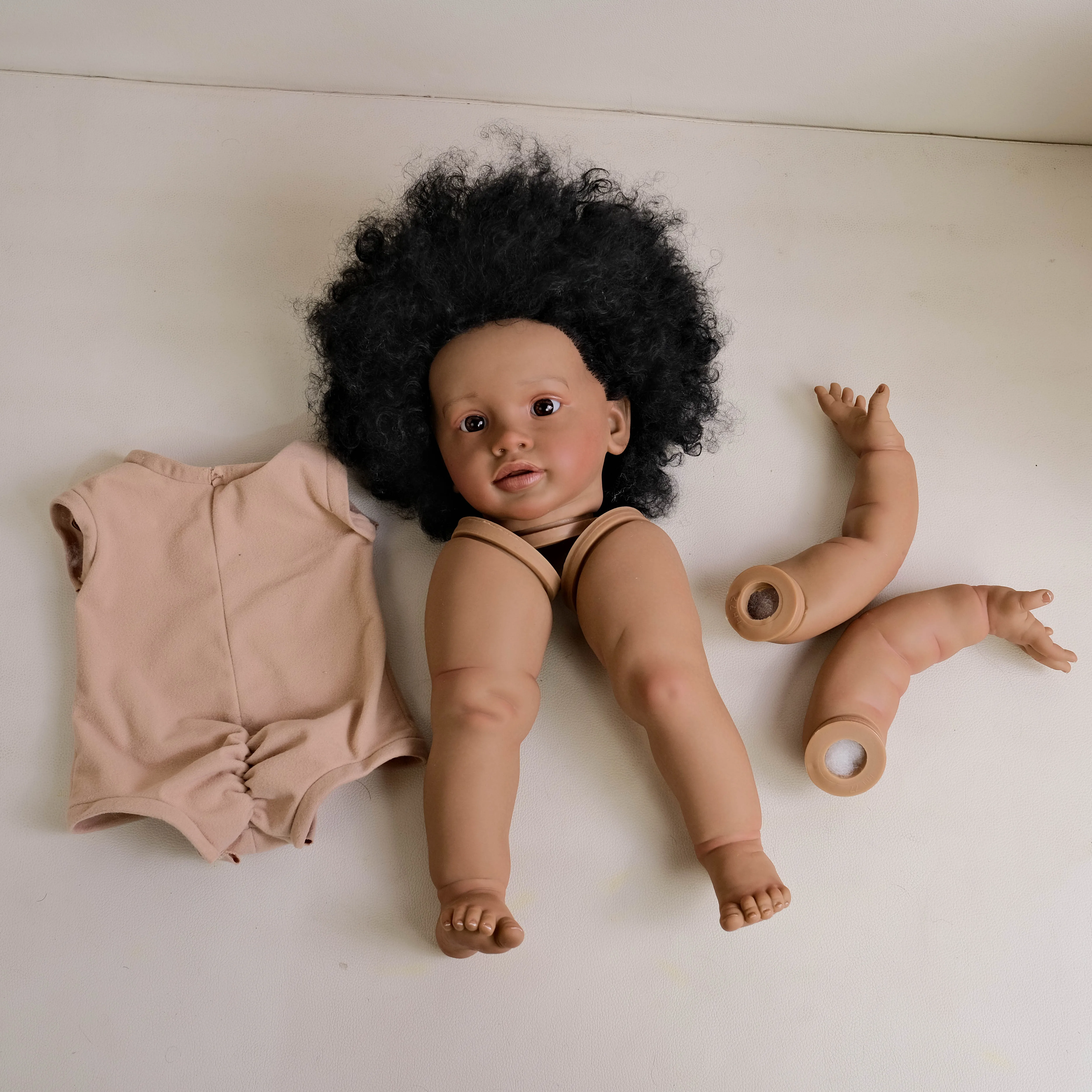 NPK 26-inch Pippa Unfinished Reborn Doll Kit Dark Brown Skin Lifelike DIY Toy Doll Parts with Curly Hair Painted