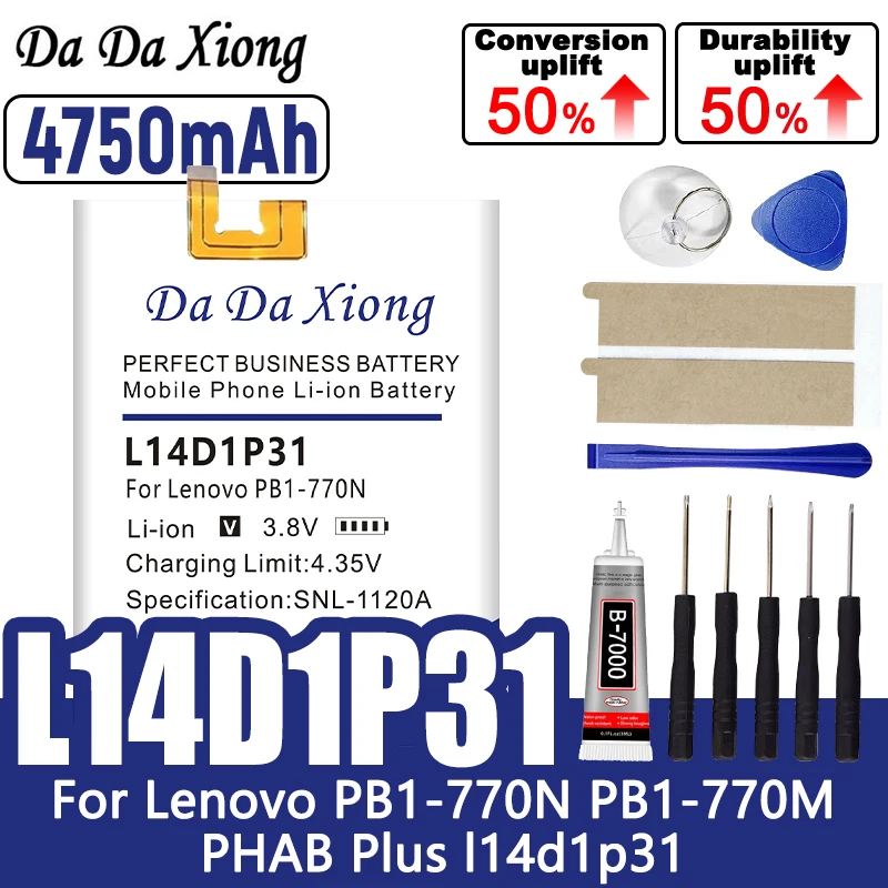 100% nova bateria de 4750mAh L14D1P31 para lenovo PB1-770N PHAB Plus TB-7703X/TB3 7 Plus/Lenovo B1/OT7703X TBattery + ferramentas gratuitas