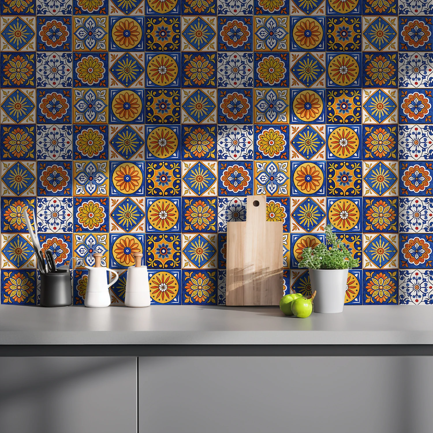 10pcs Spanish Style Colourful Tiles Sticker Kitchen Backsplash Oil-proof Cupboard Peel & Stick Waterproof Art Mural Wall Decals