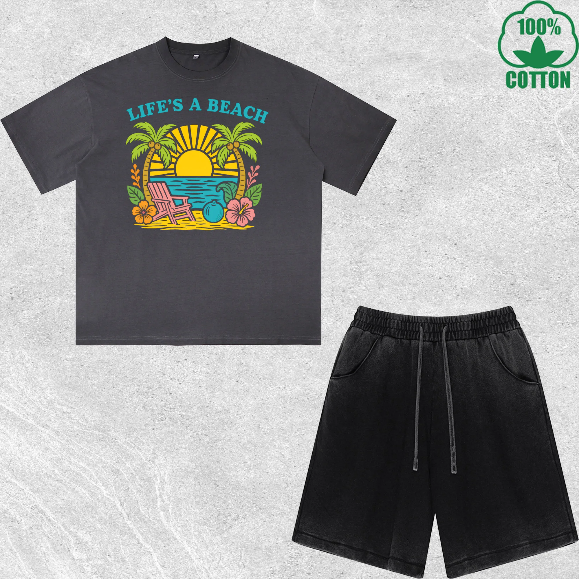 

Summer Beach Flower Printed Dirty Wash T-Shirt Shorts Set Multicolor Combo Loose Trendy Fashionable 100%Cotton