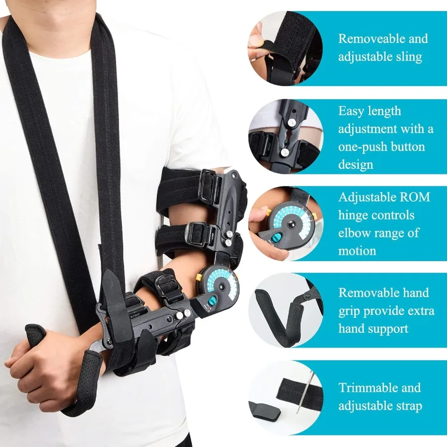 Hinged ROM Elbow Brace with Hand Grip Post OP Elbow Brace with Sling Stabilizer Arm Injury Recovery Splint Support for Post-Op