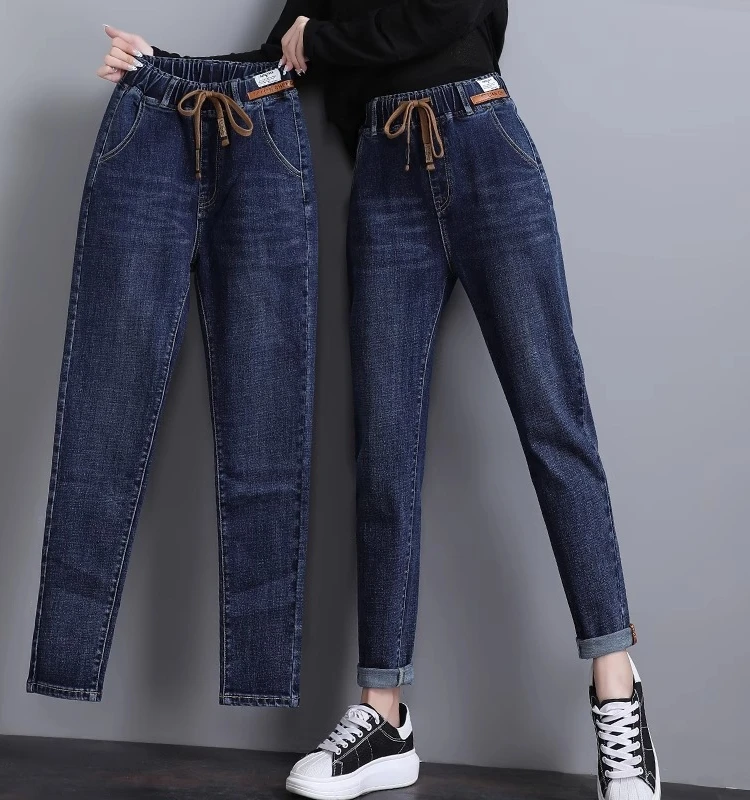 

Loose Women's Denim Jeans Elastic Waist plus Size Trousers Wide Hip Thi Thighs Long Pants Harlan Sle Cotton Stretch Denim
