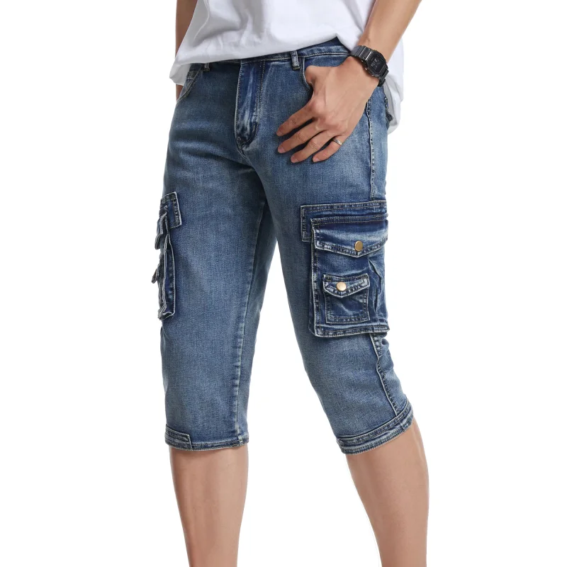 

Men's Fashion Cargo Short Jeans With Multi Pockets Workwear Denim Shorts For Male Knee Length High Quality