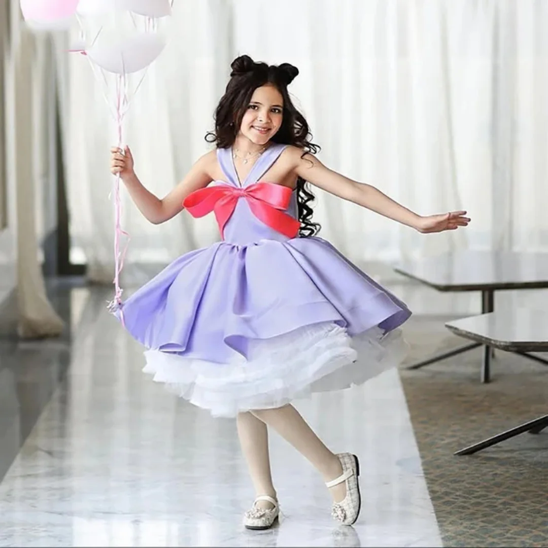 ラベンダーフラワーガールドレス結婚式用弓膝丈女の子子供の誕生日ボールガウン初聖体拝領ドレスカスタマイズ