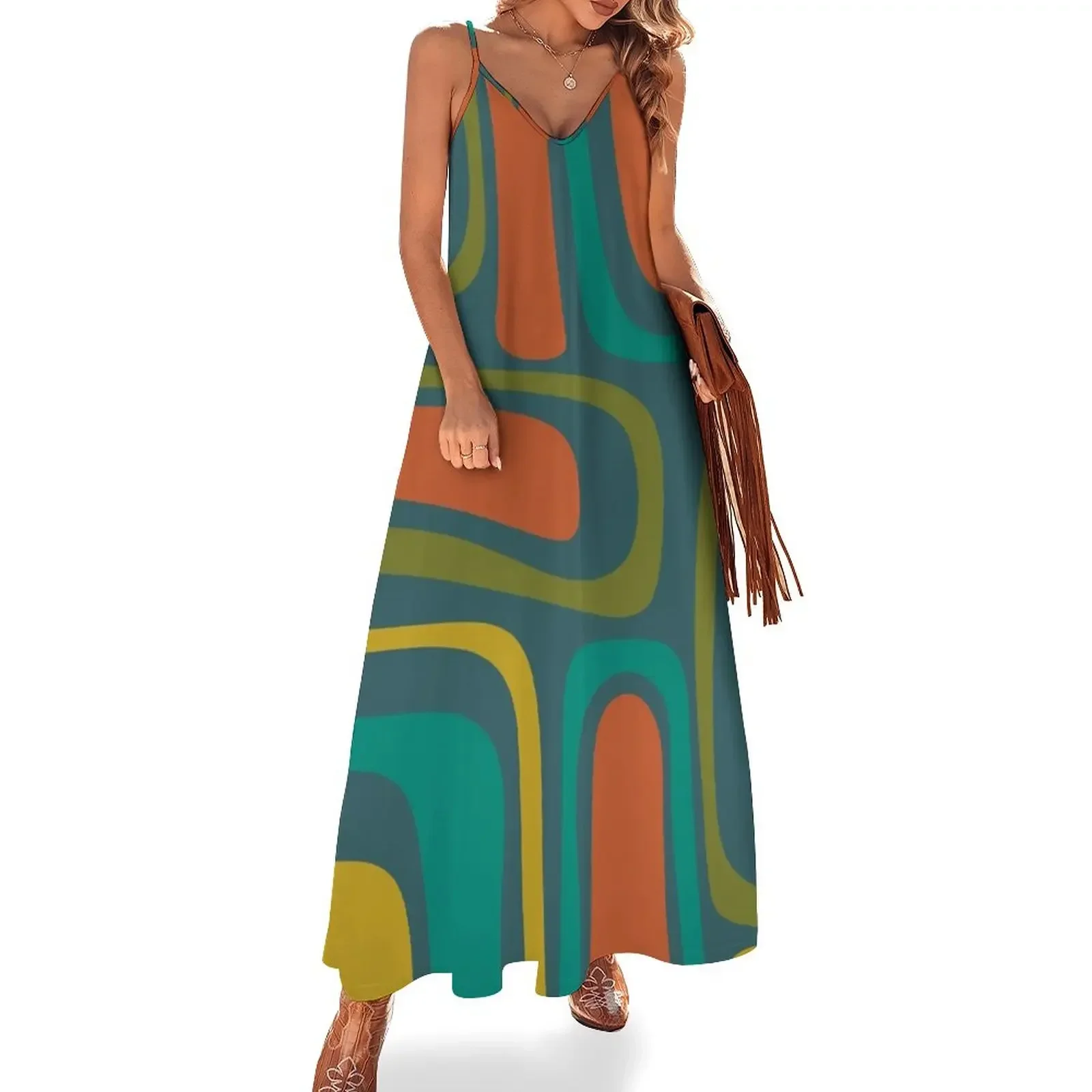 

Palm Springs Retro Midcentury Modern Abstract Pattern in Mid Mod Orange, Olive, Teal, and Mustard Sleeveless Dress