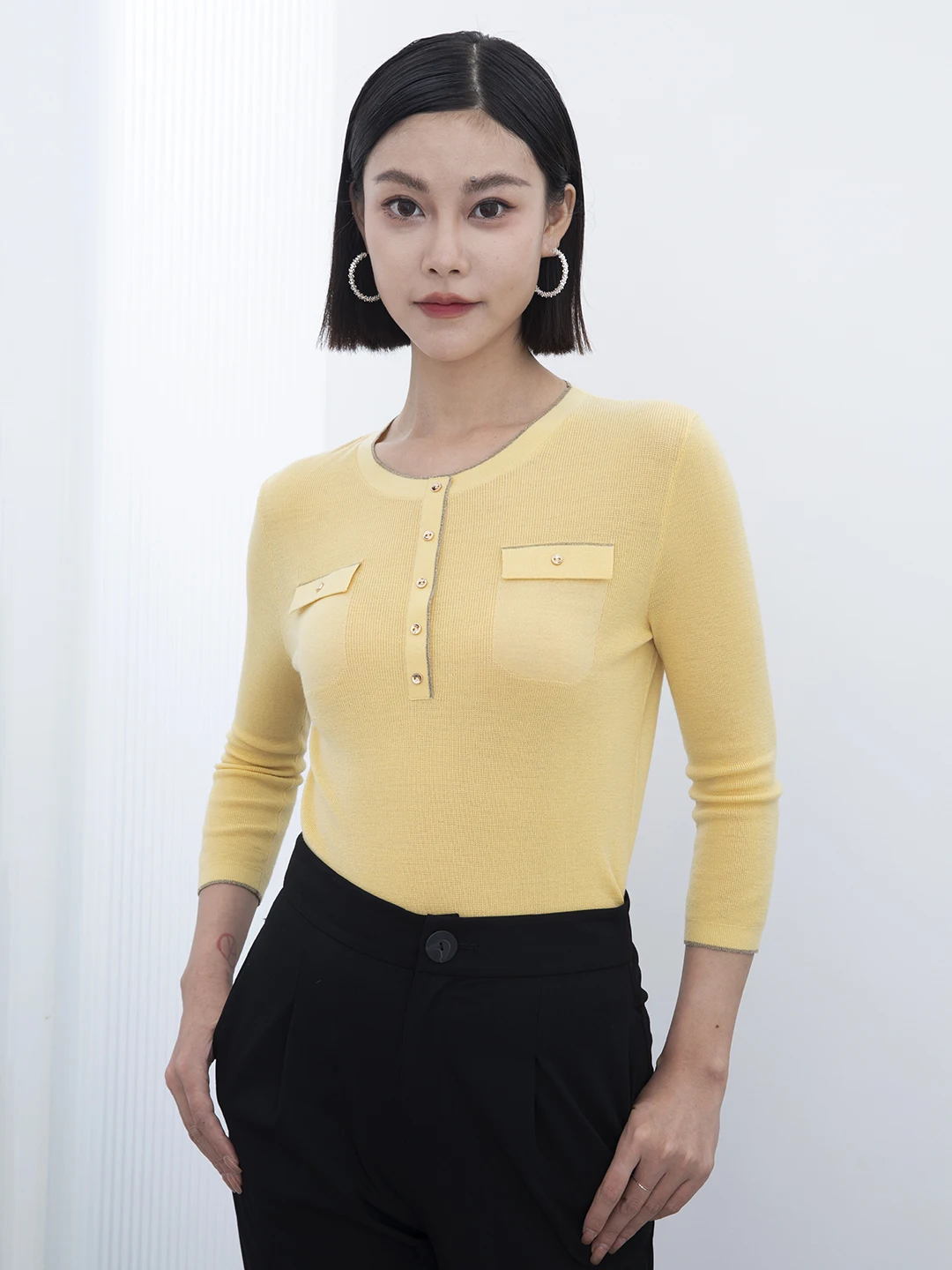 

imeng Women's Knitted Woolen Sweater round Ne Single Button Seven Sve Small Fraance Sle Spring New Sle Commute Wind