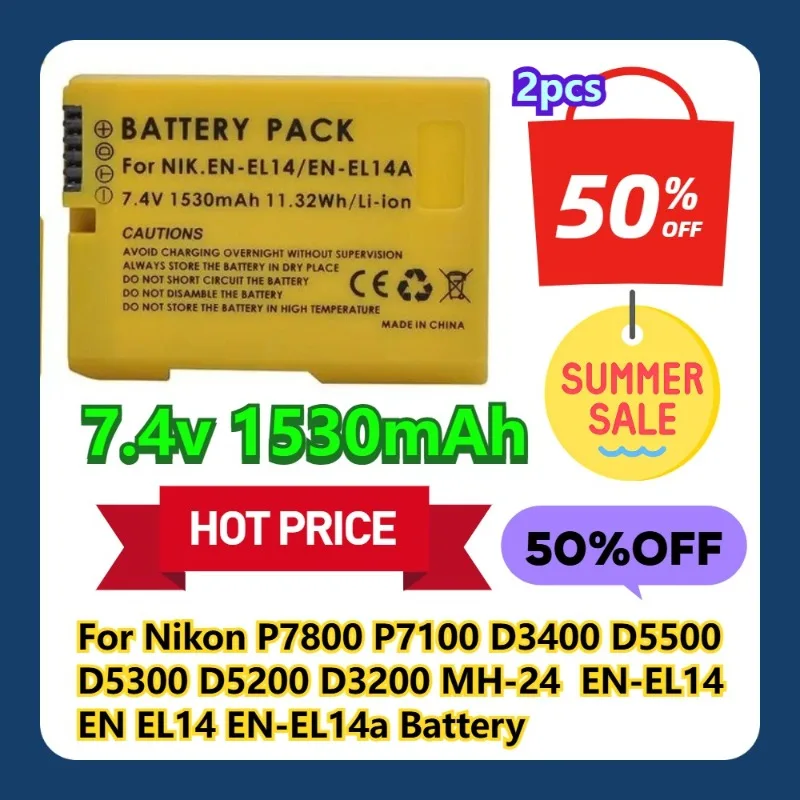 

For Nikon P7800 P7100 D3400 D5500 D5300 D5200 D3200 MH-24 1530mAh EN-EL14 EN EL14 EN-EL14a Battery 2pcs