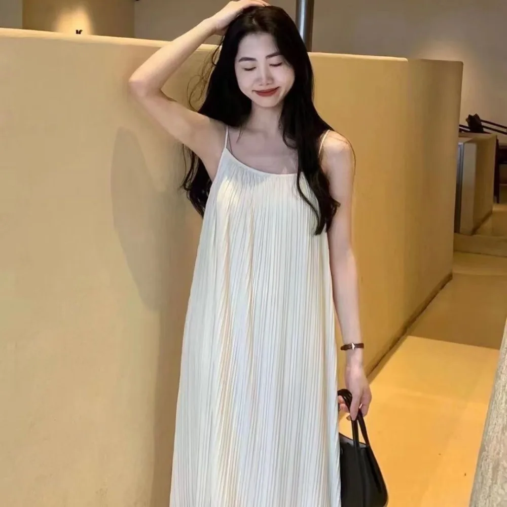 Fashion A-line Loose Sling Dress Solid Color Round Neck Sleeveless Long Dress Beachwear Beach Vacation Sundress Streetwear
