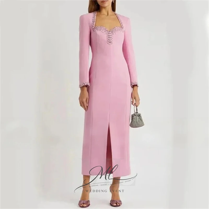 

ML Elegant Pink Formal Evening Party Dresses For Women Arabic Kuwait Front Slit Tea Length Prom Gowns Customized Mother Party