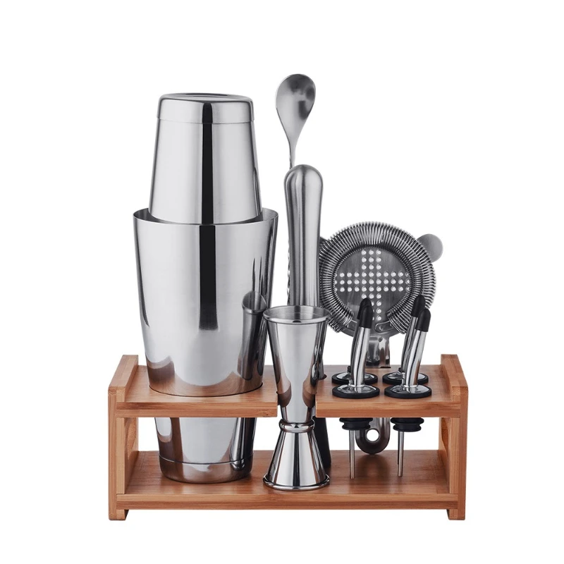 

Stainless Steel Cocktail Shaker Set Combination Tools Boston Cup with Bamboo Stand