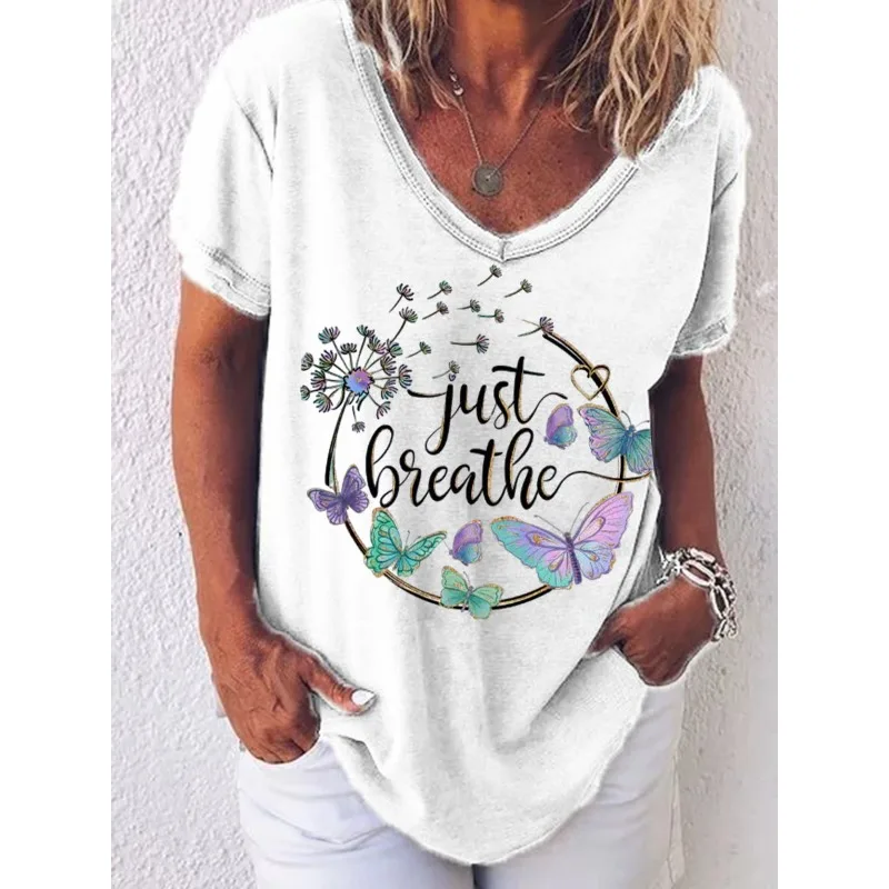 ilstile Women's Just Breathe Flower Print T-Shirts Summer Short Sleeve T Shirt Casual Loose V Neck Tops Tees White NEW