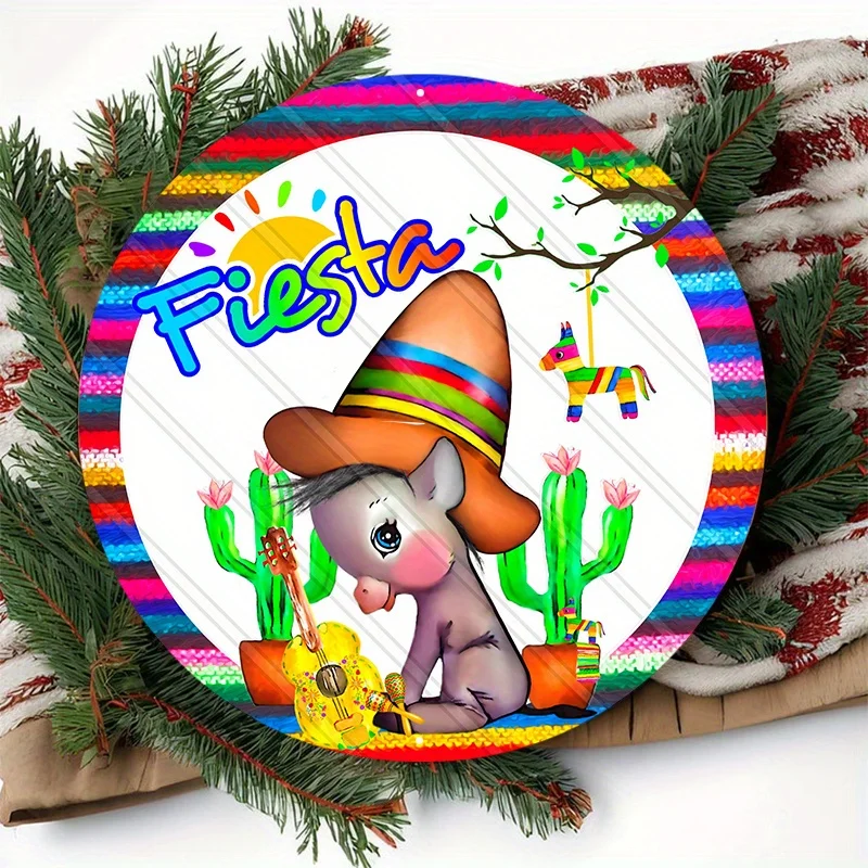 1pc 8x8inch Aluminum Metal Sign, Fiesta Sign, Sombrero Donkey Cactus And Guitar Metal Sign, Wall Door Decorative Sign