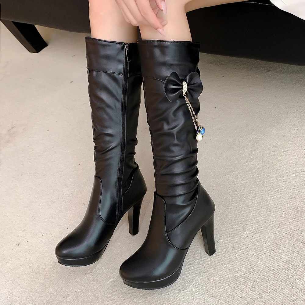 Women Winter High Boots Sexy High Heels Platform Knee High Boots Ladies Fashion Beaded Zipper White Black High Boots Shoes