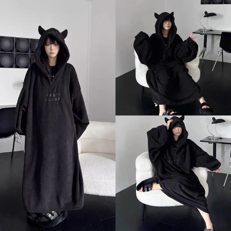 

Thickened Padded Pajamas Solid Color Homewear Loose Oversized Hooded Dresses Imp Couple Robe Fall and Winter One-piece Sleepwear
