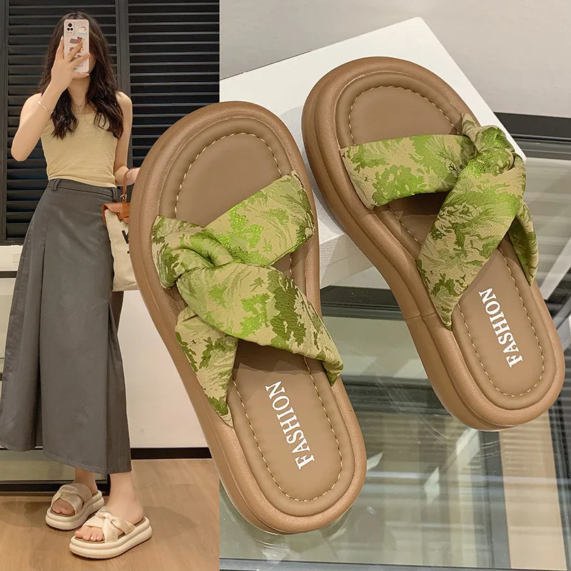 

Женские тапочки, повседневная обувь на платформе, роскошные сандалии с перекрестными ремешками, женские летние уличные носимые пляжные тапочки без шнуровки