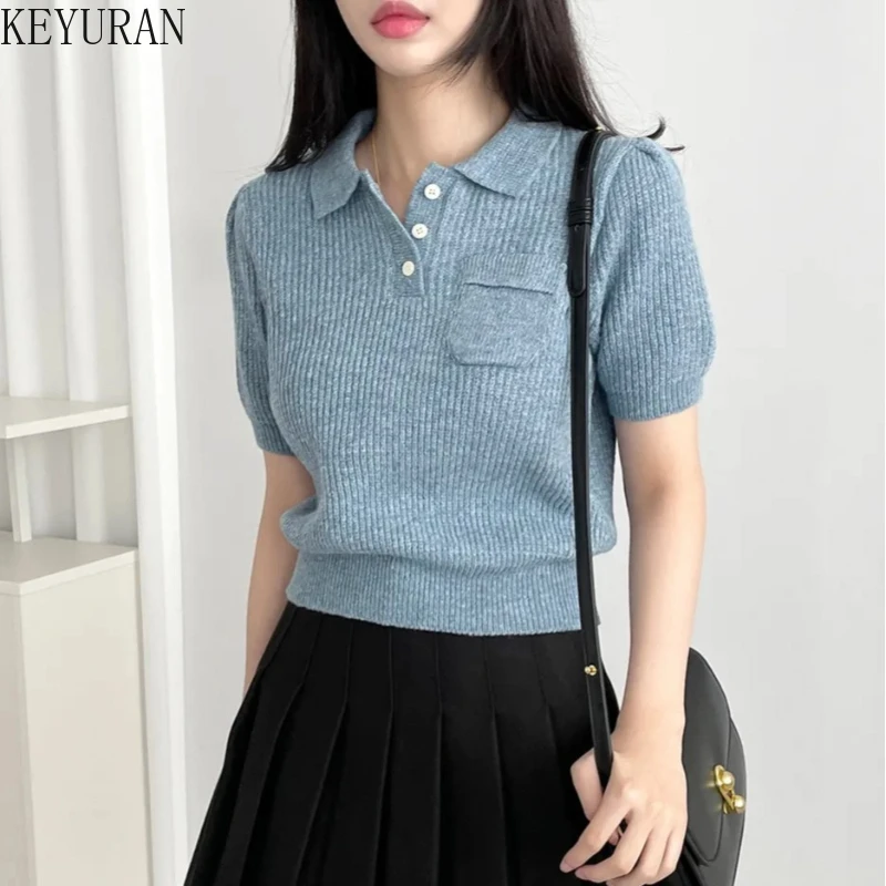 Korean Chic Short Sleeve Pullover Sweater Women Clothes 2024 New Summer Elegant Turn Down Collar Casual Knit Tops Female Jumper