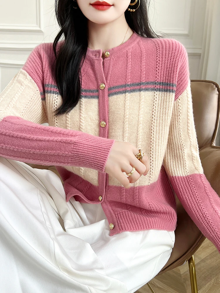 Color blocking round neck 100% wool autumn and winter new style elegant knitted cardigan small fragrant style versatile top